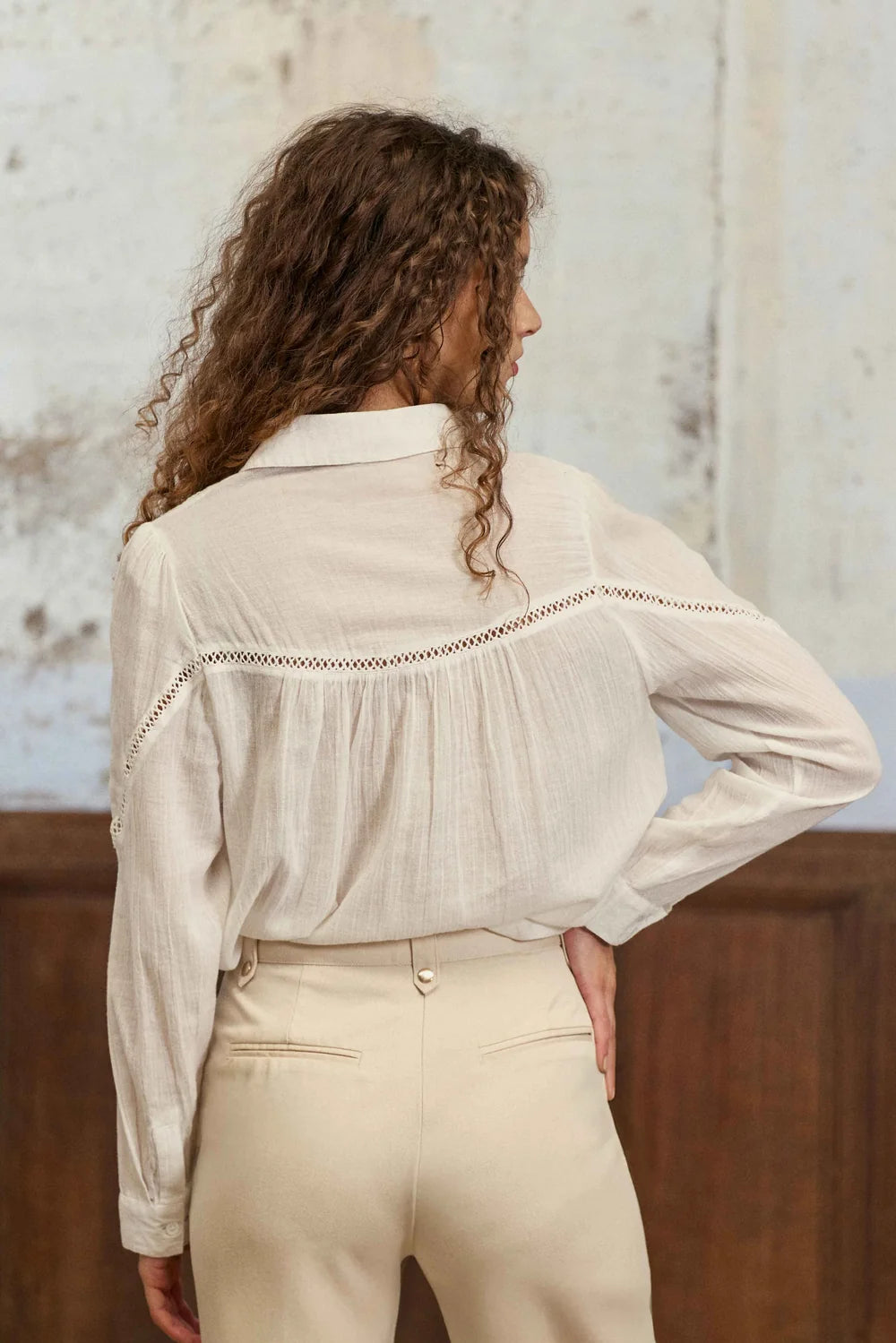 La Petite Étoile Cia blouse in ecru back view with gathered yoke and openwork trim