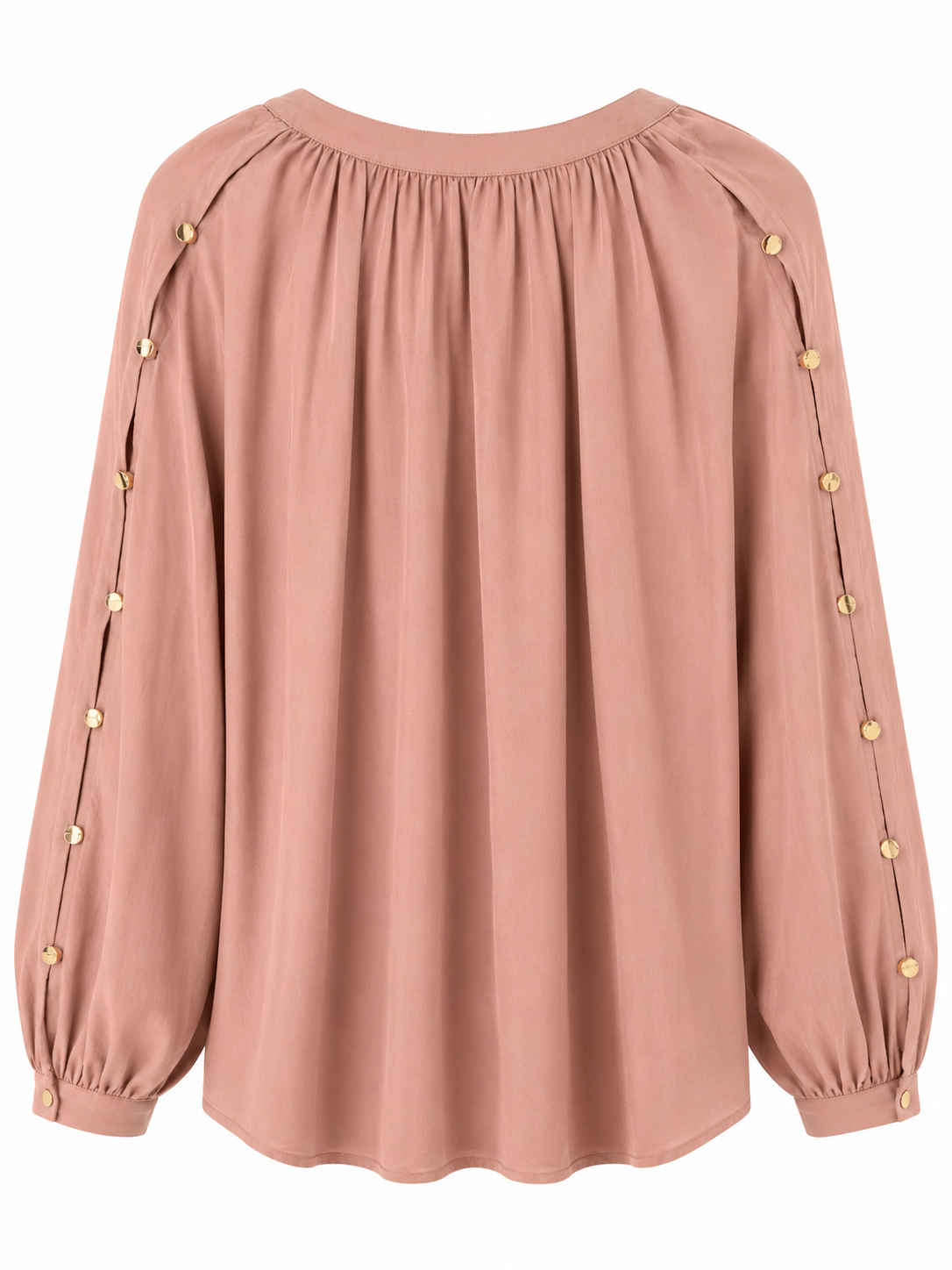 La Petite Étoile women's pink blouse with gathered back neckline and gold button sleeve details, back view.