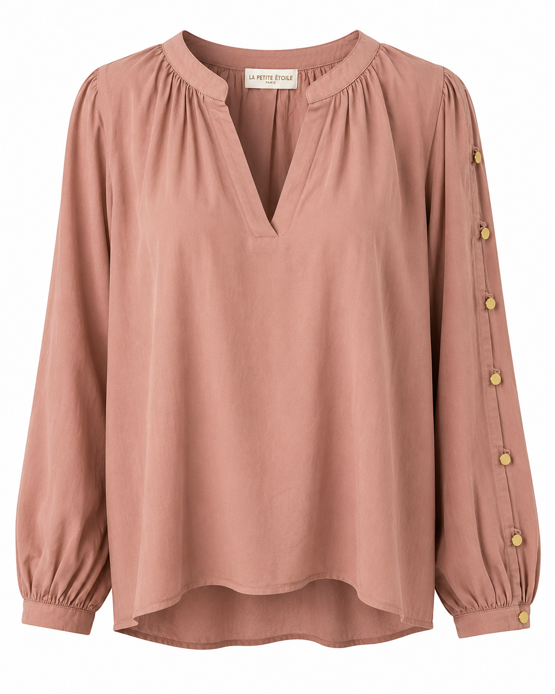 La Petite Étoile women's pink blouse with V-neckline, gathered shoulders and gold button sleeve details, front view.