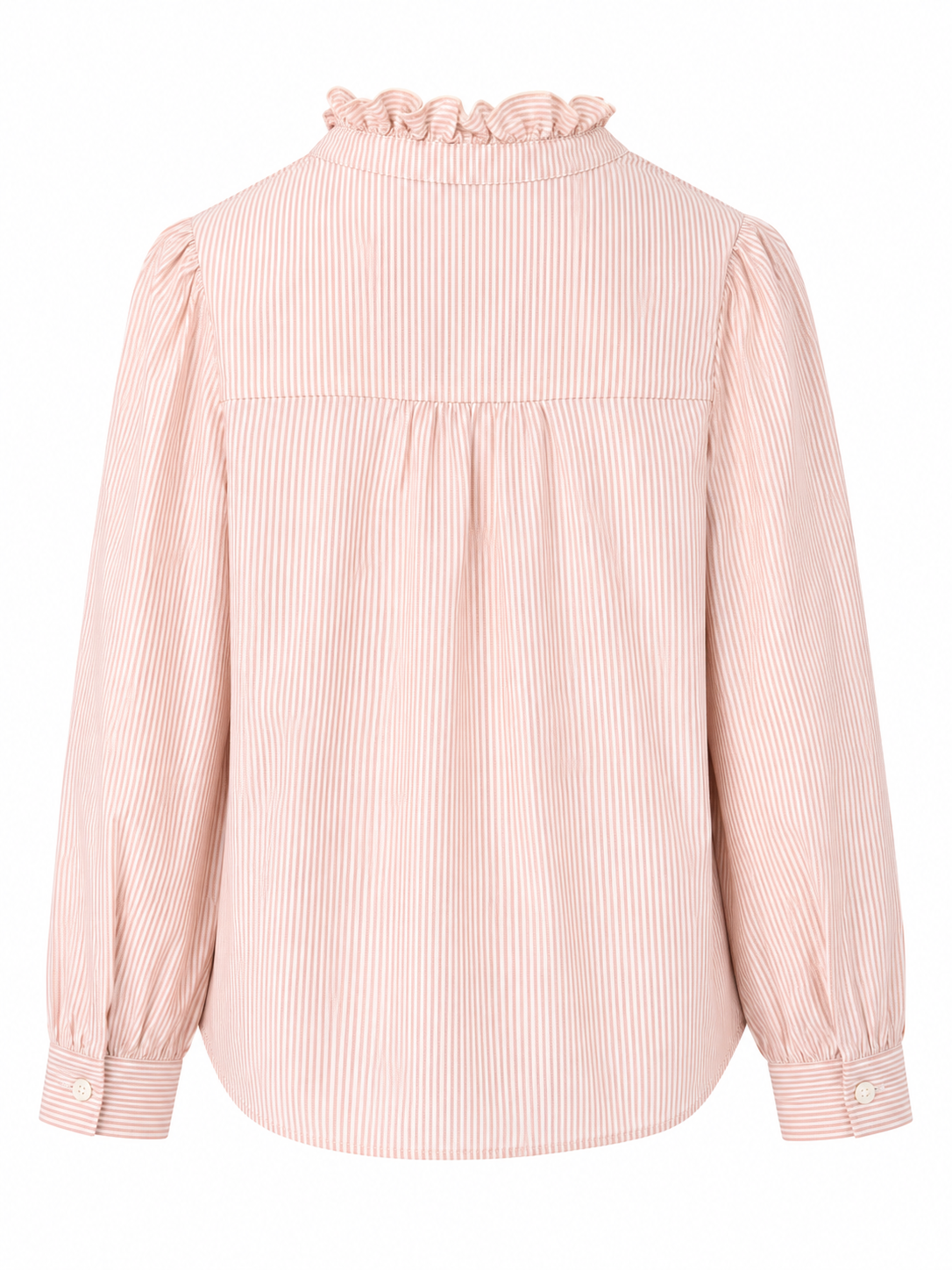La Petite Étoile women's pink and white striped shirt with ruffle collar, gathered back detail and long sleeves, back view.