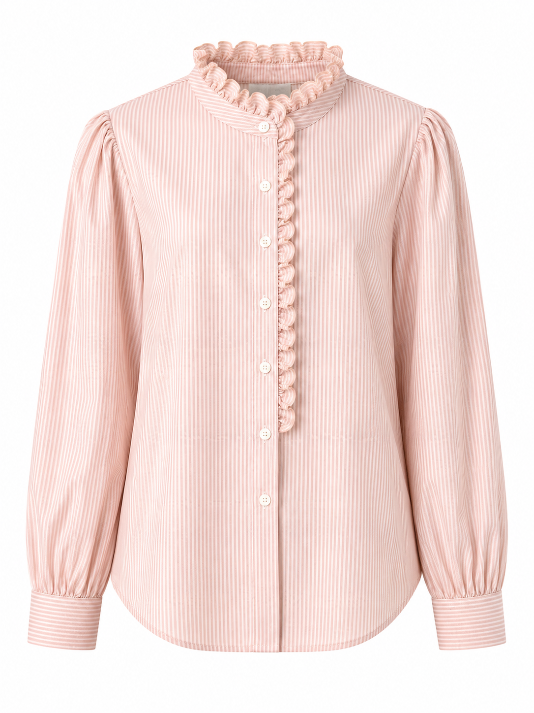La Petite Étoile women's pink and white striped shirt with ruffle collar, button front and long sleeves, front view.
