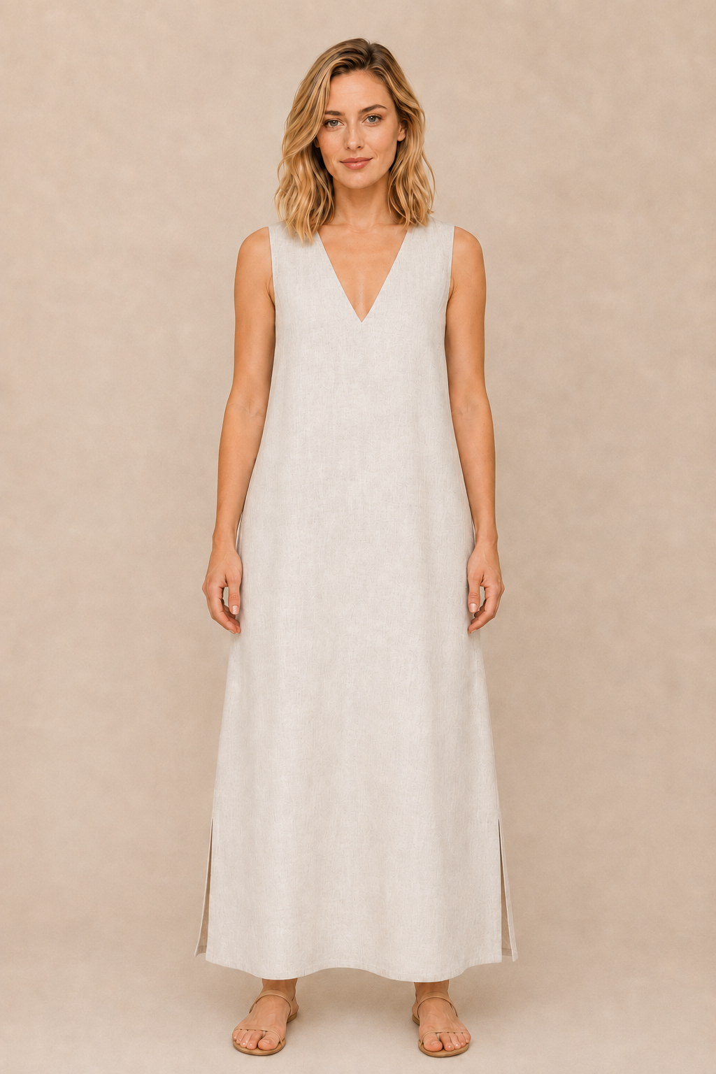 La Petite Étoile Rosanna sleeveless maxi dress in natural front view with V-neckline and relaxed silhouette on model