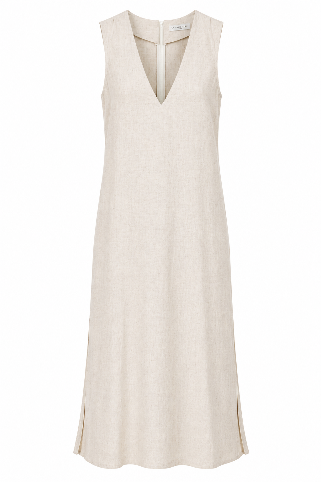 La Petite Étoile sleeveless maxi dress in cream with a V-neckline and side slits, front view.