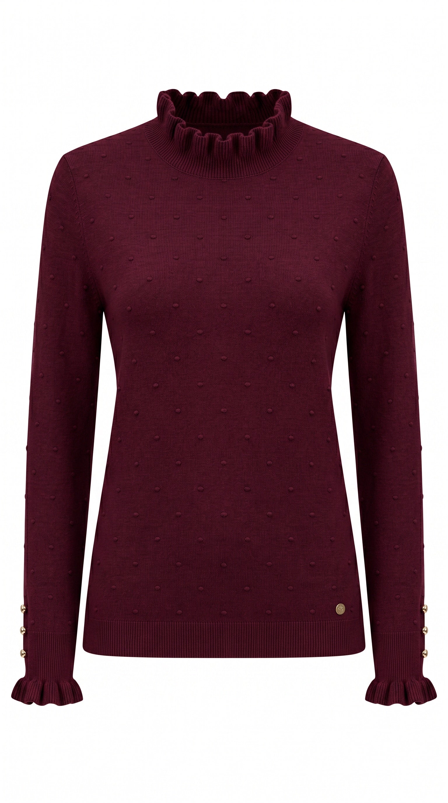 La Petite Étoile burgundy knit pullover with frill neckline and textured dot detailing