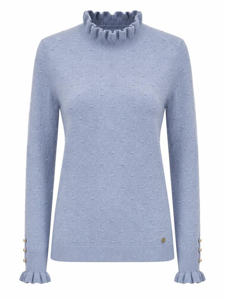 La Petite Étoile powder blue knit pullover with frill neckline and textured dot detailing