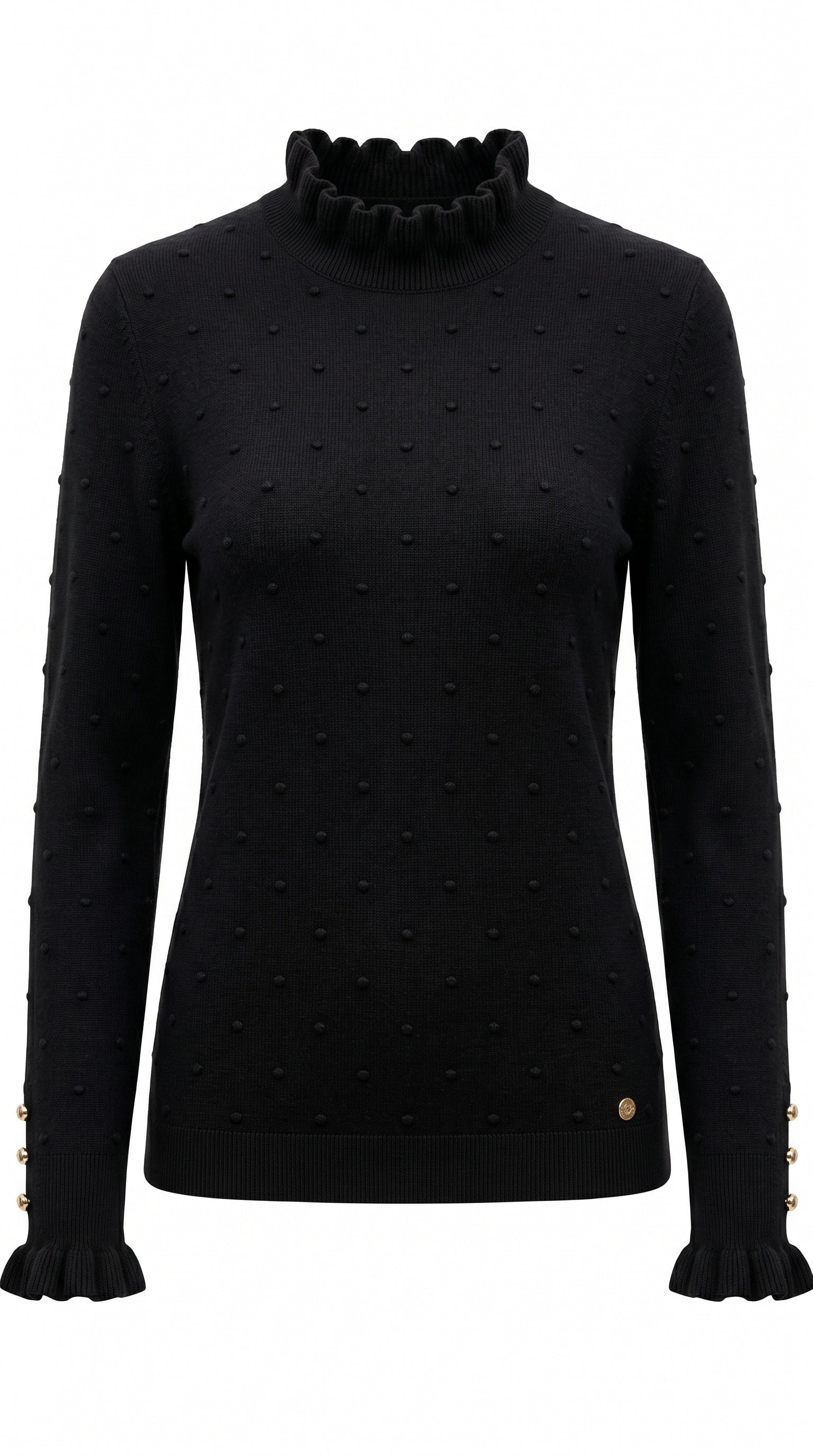 La Petite Étoile Solferinos black knit sweater with textured bobble detailing and frill neckline
