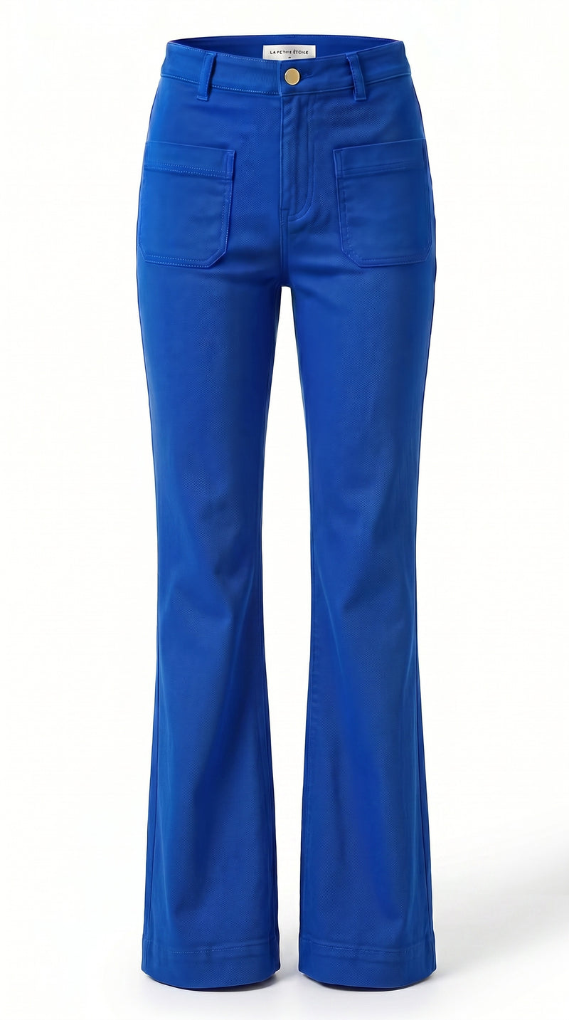 La Petite Étoile Sonny flared jean in electric blue with front patch pockets