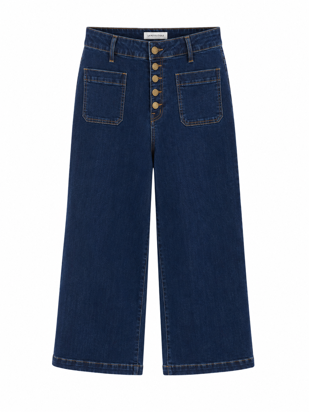 La Petite Étoile blue wide-leg jeans with a high waist, button fly and front patch pockets.
