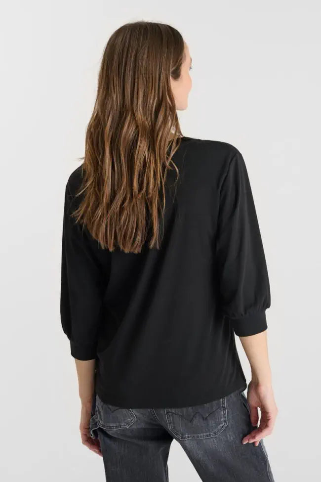Back view of Le Temps des Cerises black V-neck tee with relaxed silhouette and three-quarter sleeves