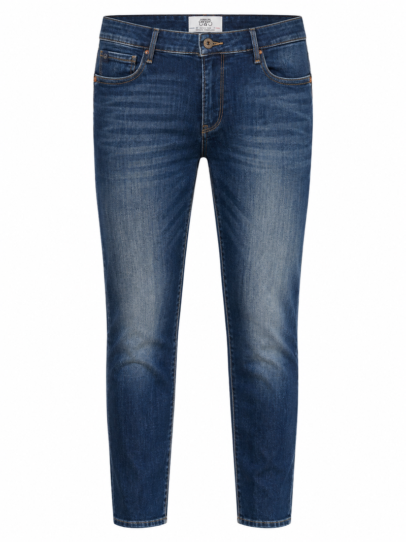 Le Temps des Cerises denim jeans in blue featuring a slim leg fit, classic five-pocket styling, faded wash detailing and stretch denim construction.