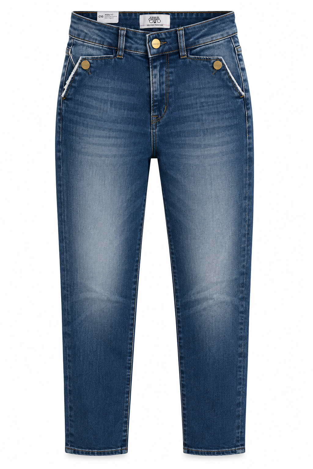 Le Temps des Cerises denim jeans in blue featuring a slim leg fit, washed denim finish, decorative pocket detailing and classic five-pocket styling.