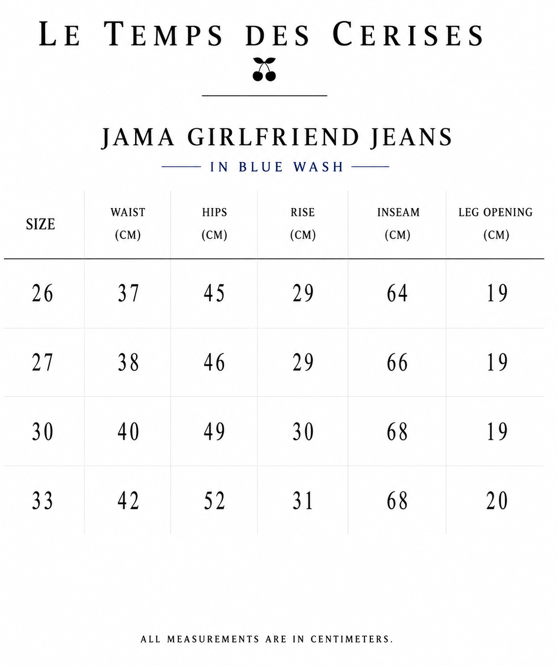 Le Temps Des Cerises Jama Girlfriend Jeans in Blue Wash size guide showing waist, hips, rise, inseam and leg opening measurements in centimetres.
