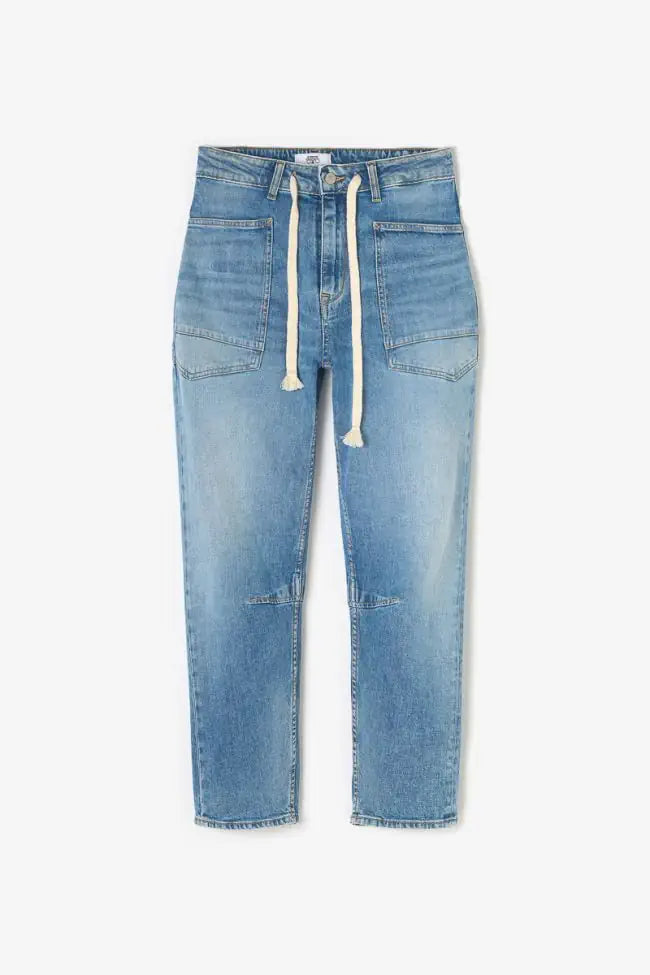 Front view of Le Temps des Cerises Madie Denim Jeans in Blue featuring a relaxed barrel-leg fit, oversized utility pockets and rope drawstring detail.