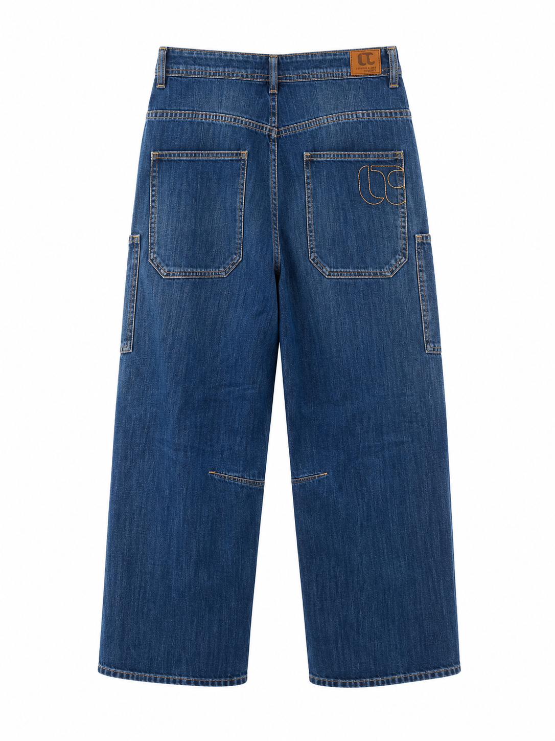 Back view of Le Temps des Cerises Madie Denim Jeans in Dark Blue showcasing the relaxed barrel-leg silhouette, patch pockets and signature embroidered branding.