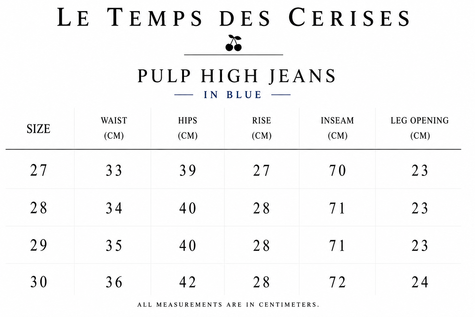 Le Temps Des Cerises Pulp High Jeans in Blue size guide showing waist, hips, rise, inseam and leg opening measurements in centimetres.