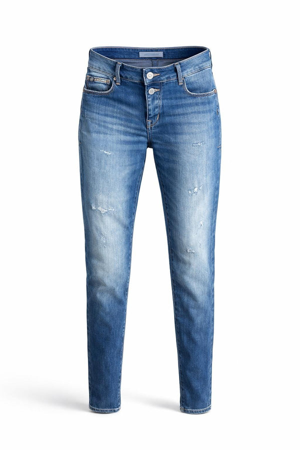 Le Temps des Cerises Pulpc Fino jean in blue low rise skinny stretch denim with double button waist