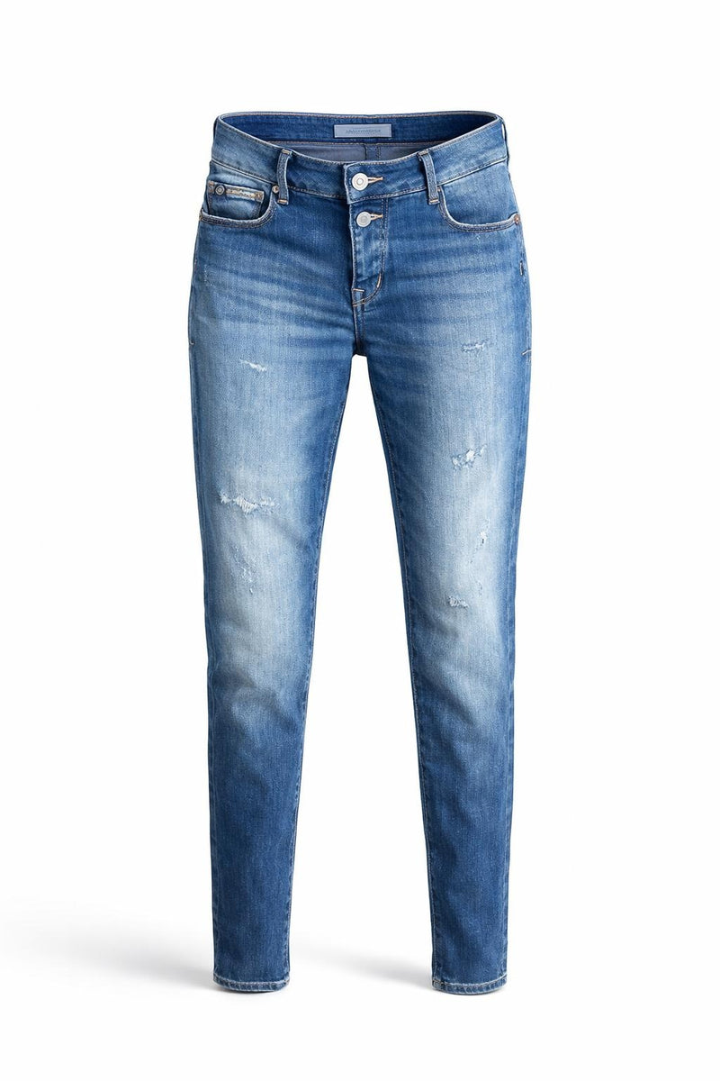Le Temps des Cerises Pulpc Fino jean in blue low rise skinny stretch denim with double button waist
