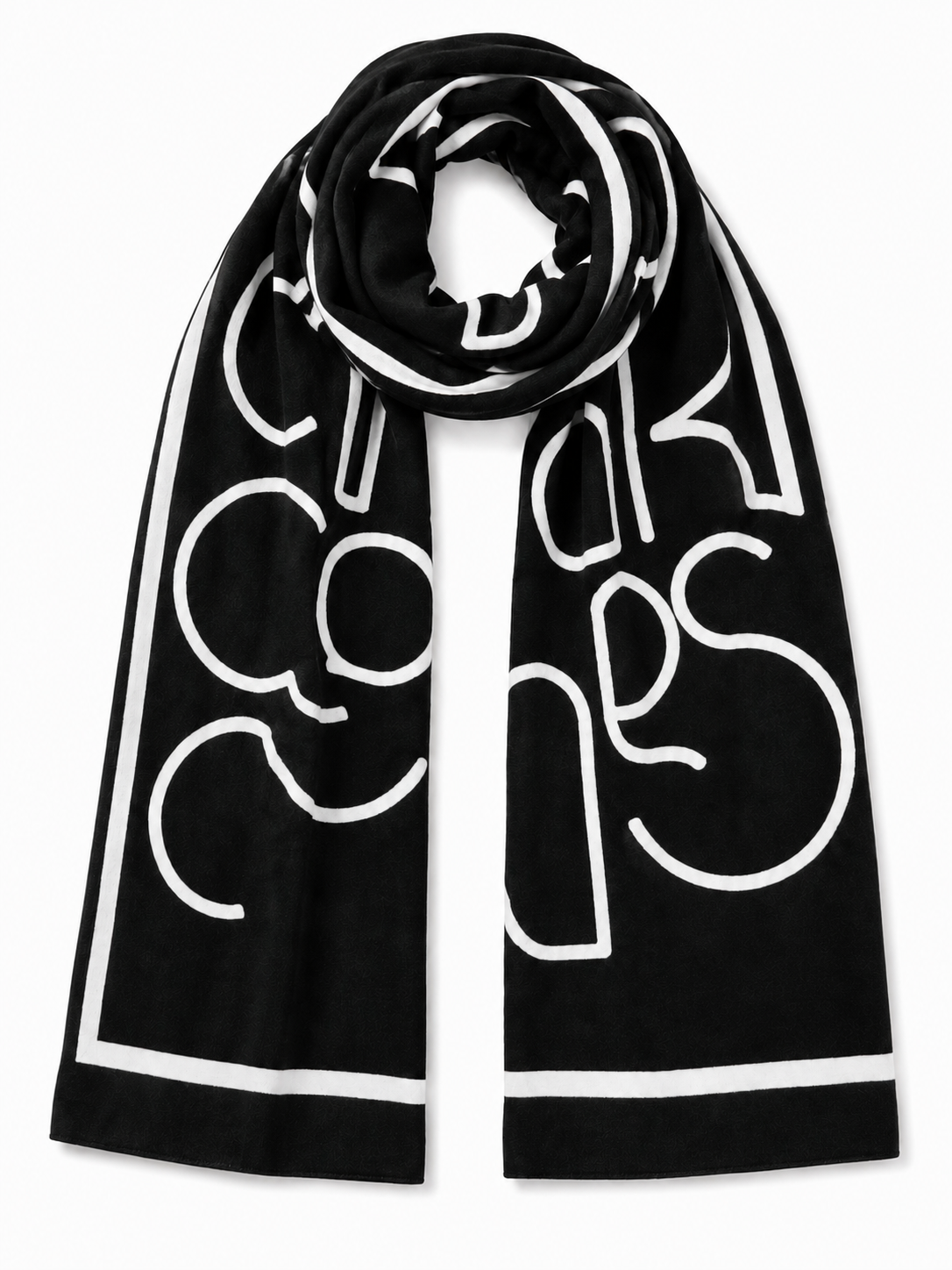 Le Temps des Cerises scarf in black featuring an oversized white logo print, border detailing and lightweight draped design.