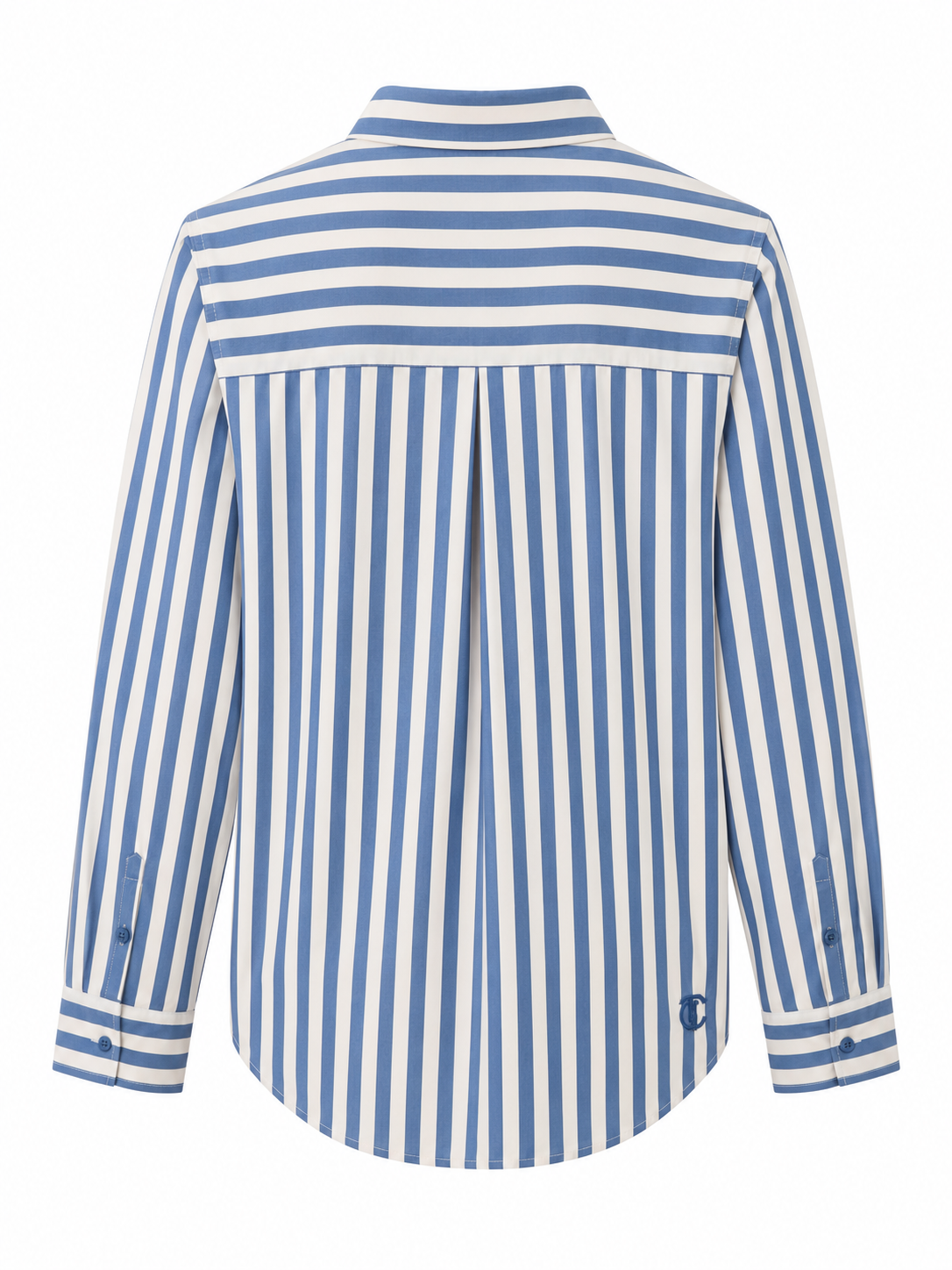 Le Temps des Cerises shirt in sky blue with blue and white vertical stripes, classic collar and button-front design.