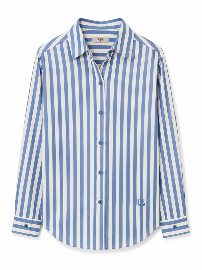 Le Temps des Cerises shirt in sky blue with blue and white vertical stripes, classic collar and button-front design.
