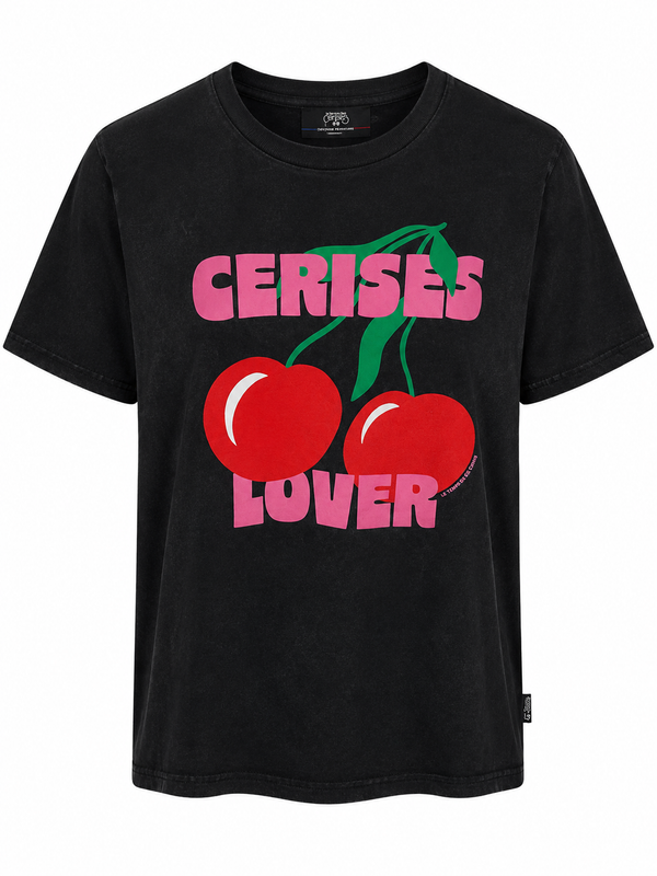 Le Temps des Cerises Spears tee-shirt in black featuring a colourful Cerises Lover graphic print with oversized cherry motif, crew neckline and short sleeves.