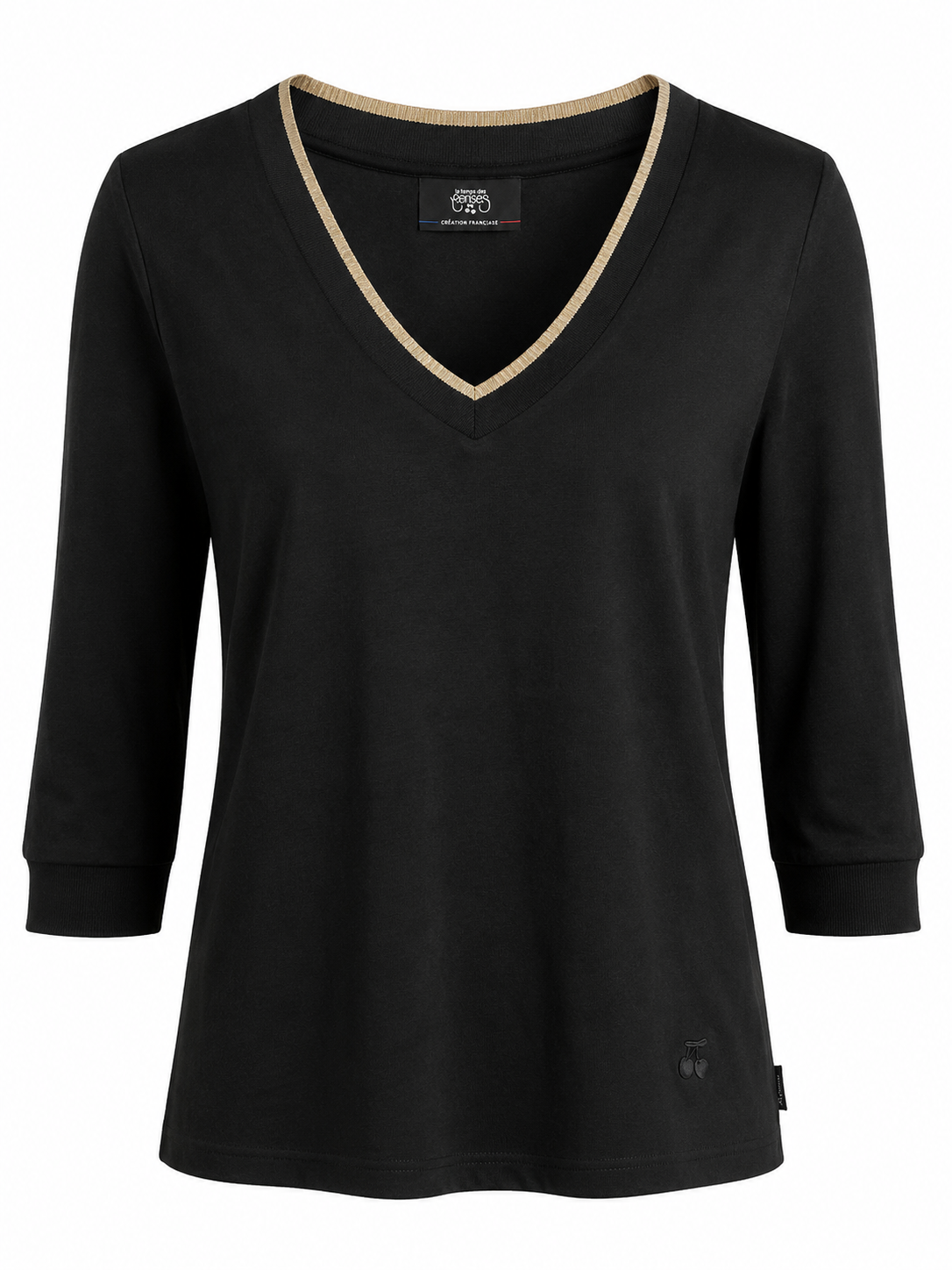 Le Temps des Cerises tee-shirt in black featuring a V-neckline with metallic trim detail, three-quarter sleeves and a relaxed everyday fit.