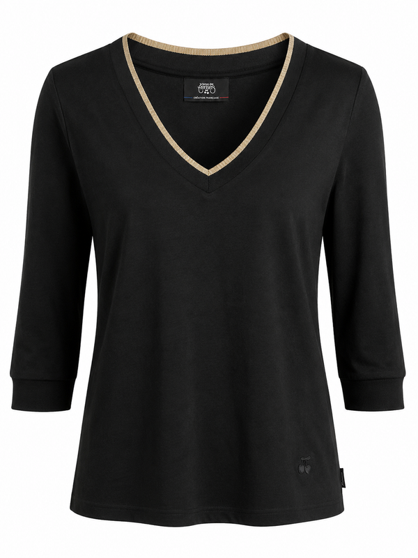 Le Temps des Cerises tee-shirt in black featuring a V-neckline with metallic trim detail, three-quarter sleeves and a relaxed everyday fit.