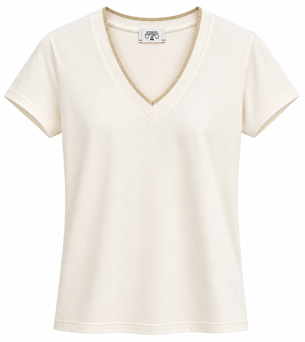 Le Temps des Cerises tee-shirt in Ice Cream featuring a V-neckline with metallic trim detail, short sleeves and a classic everyday fit.