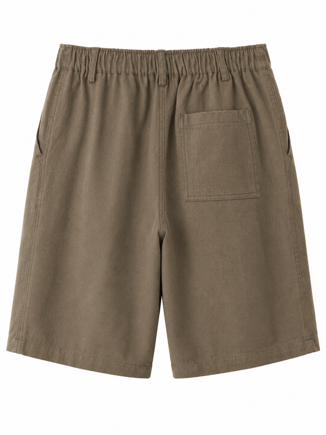 Taupe linen blend Bermuda shorts back view with elasticated waistband and patch pocket