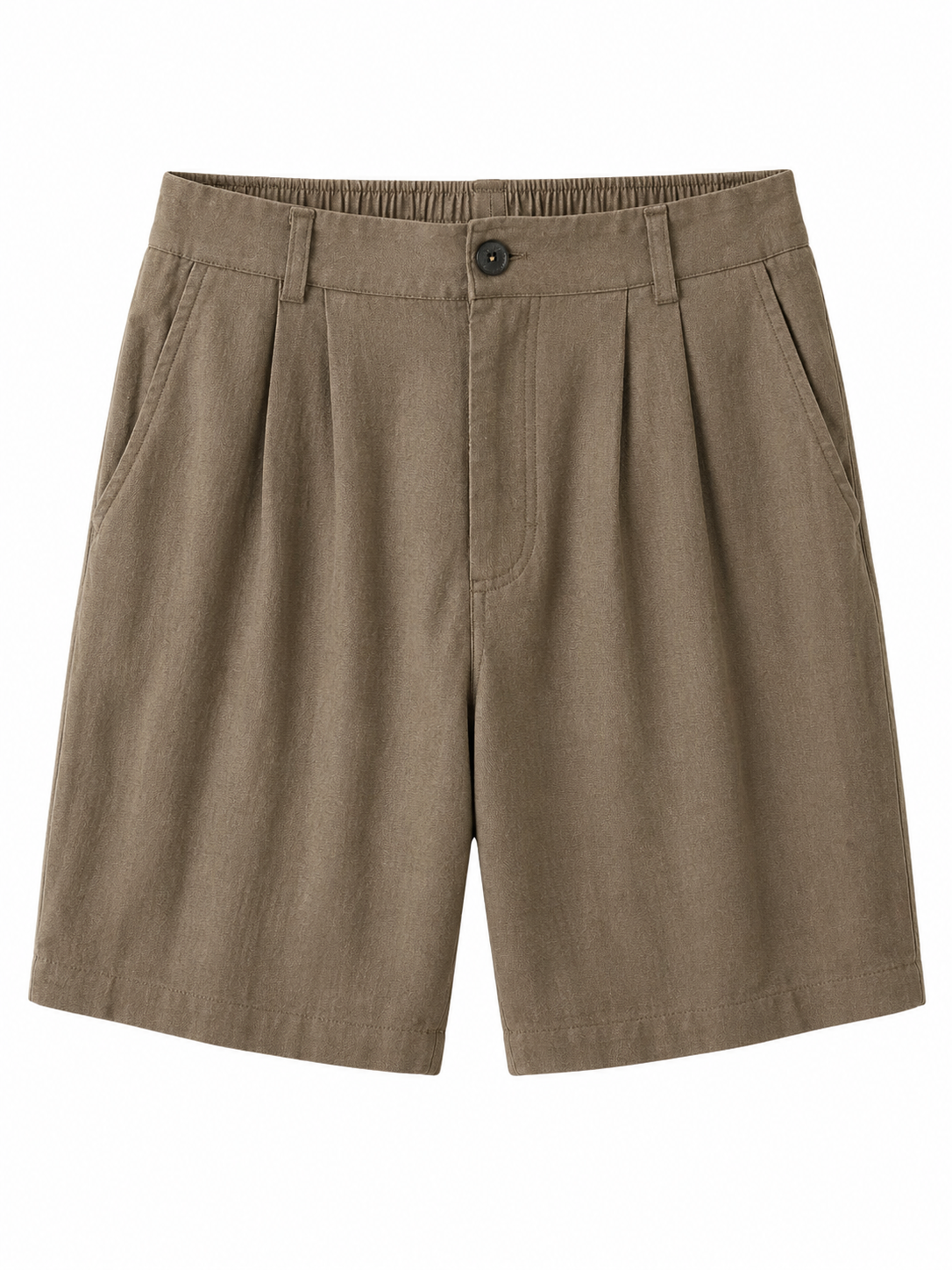 Taupe linen blend Bermuda shorts front view with pleated front, side pockets and button fastening
