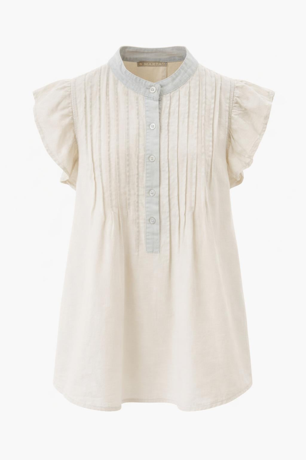 Marta du Château Annie top in ivory featuring pintuck detailing, flutter sleeves, band collar neckline and relaxed fit silhouette.