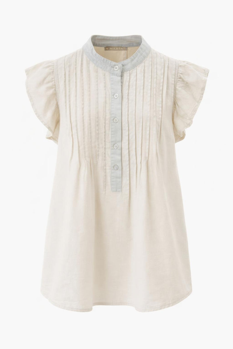 Marta du Château Annie top in ivory featuring pintuck detailing, flutter sleeves, band collar neckline and relaxed fit silhouette.