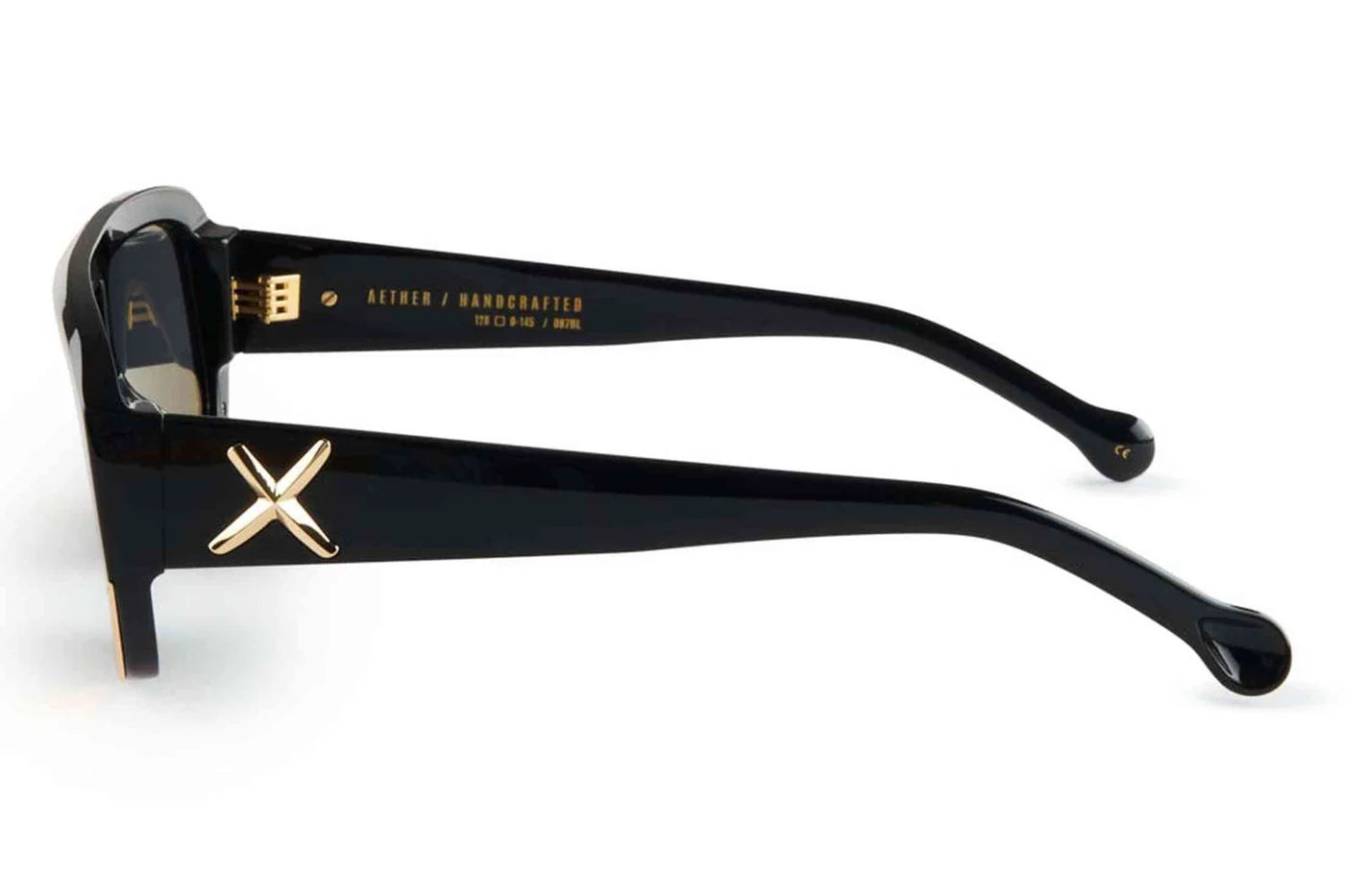 Oscar X Frank AETHER oversized shield sunglasses in gloss black with dark smoke lenses and gold-tone accents.