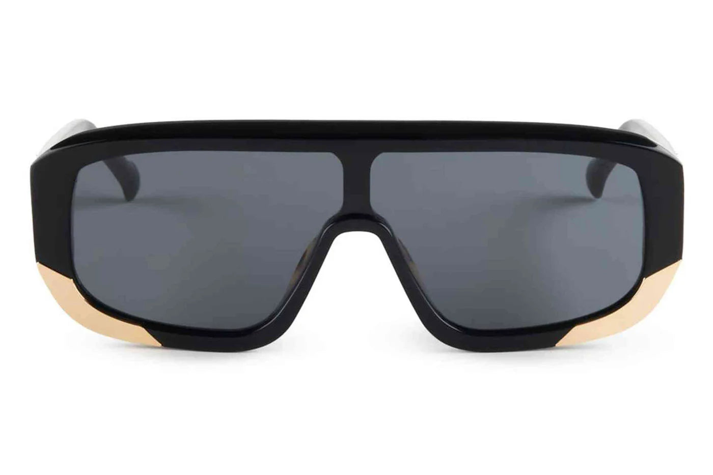 Oscar X Frank AETHER oversized shield sunglasses in gloss black with dark smoke lenses and gold-tone accents.