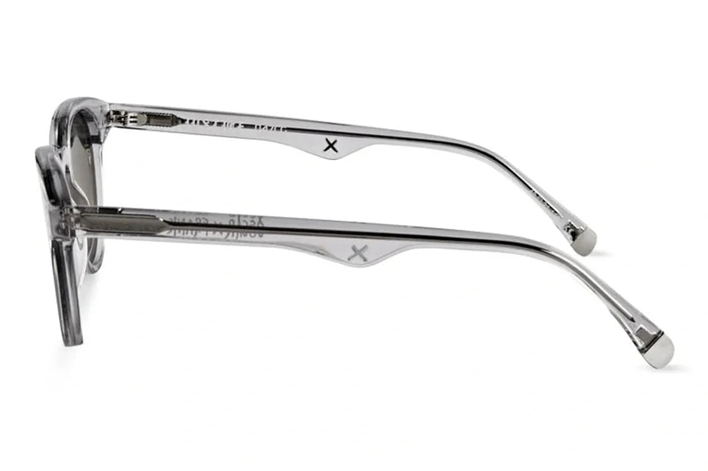Side profile of Oscar X Frank Justice sunglasses in translucent smoke acetate