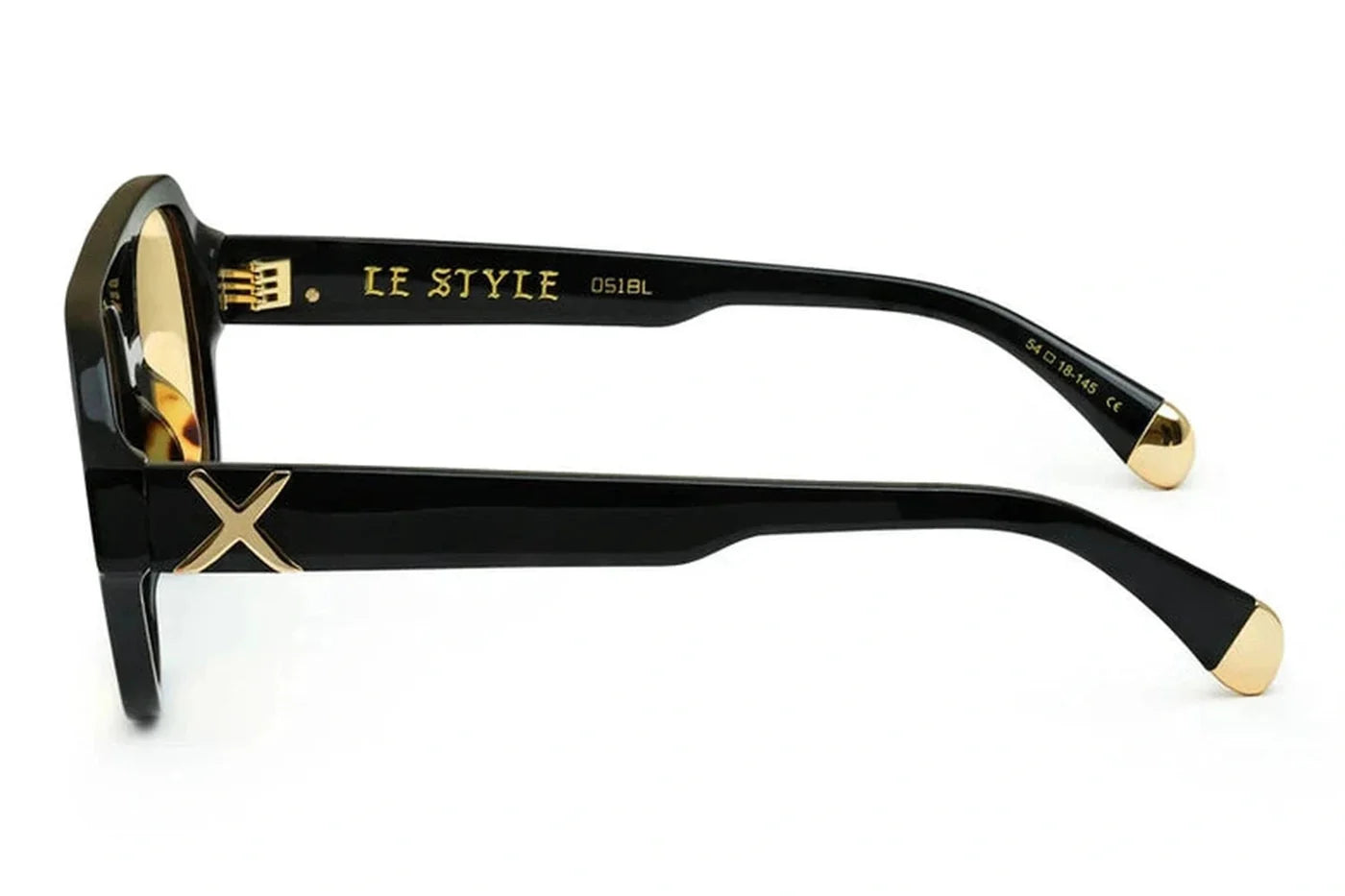 Side profile of Oscar X Frank Le Style sunglasses in gloss black with gold hardware and yellow lenses.