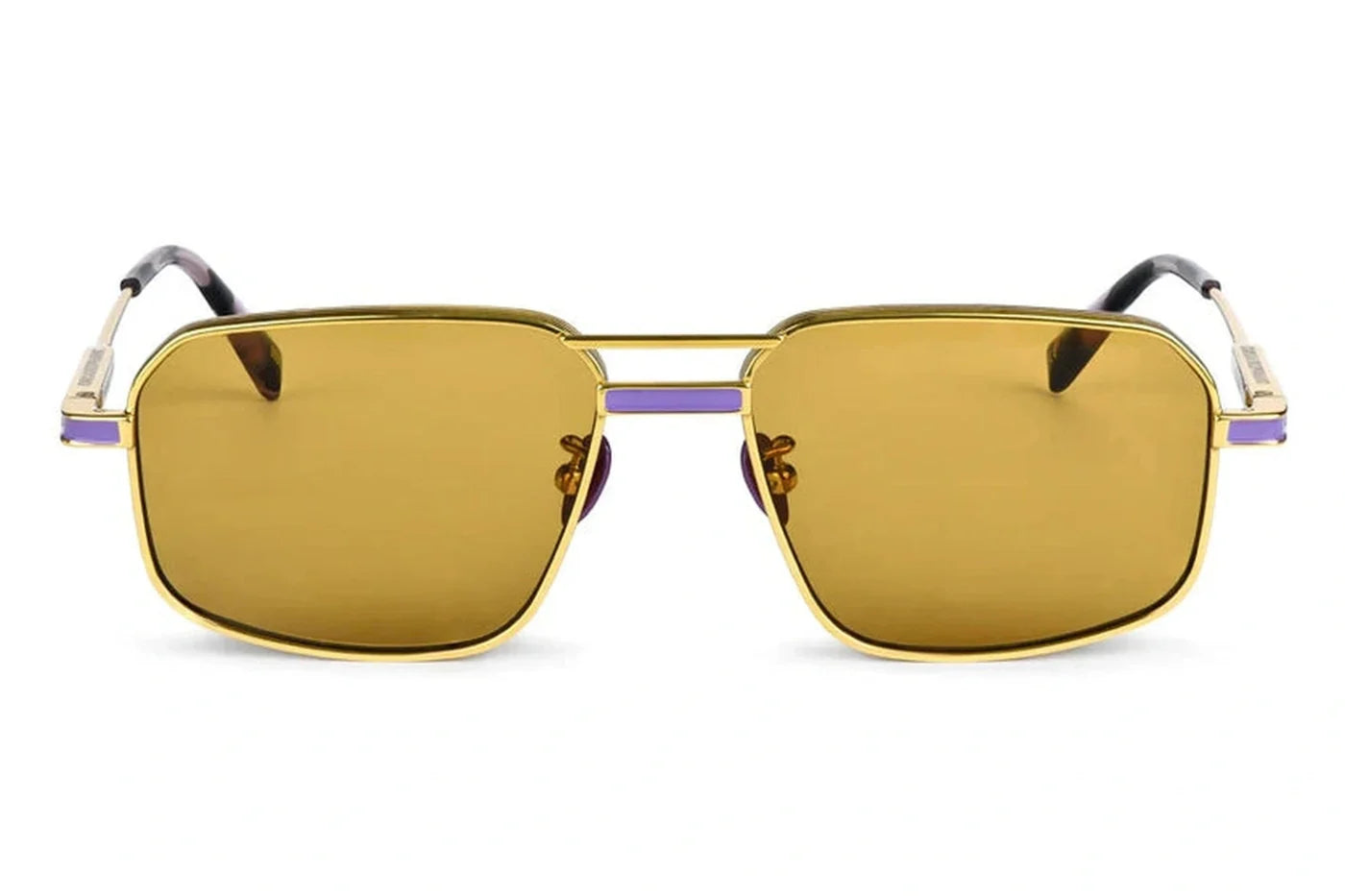 Oscar x Frank Mr Nanks Handcrafted sunglasses in gold with geometric metal frame, amber-tinted lenses and lavender detailing