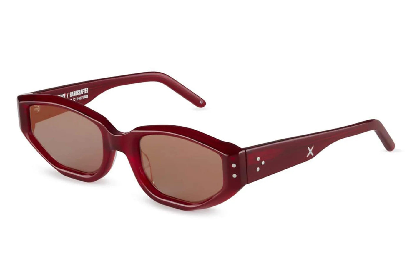 Oscar x Frank Provence Handcrafted sunglasses in translucent strawberry red with angular rectangular acetate frame and tinted lenses