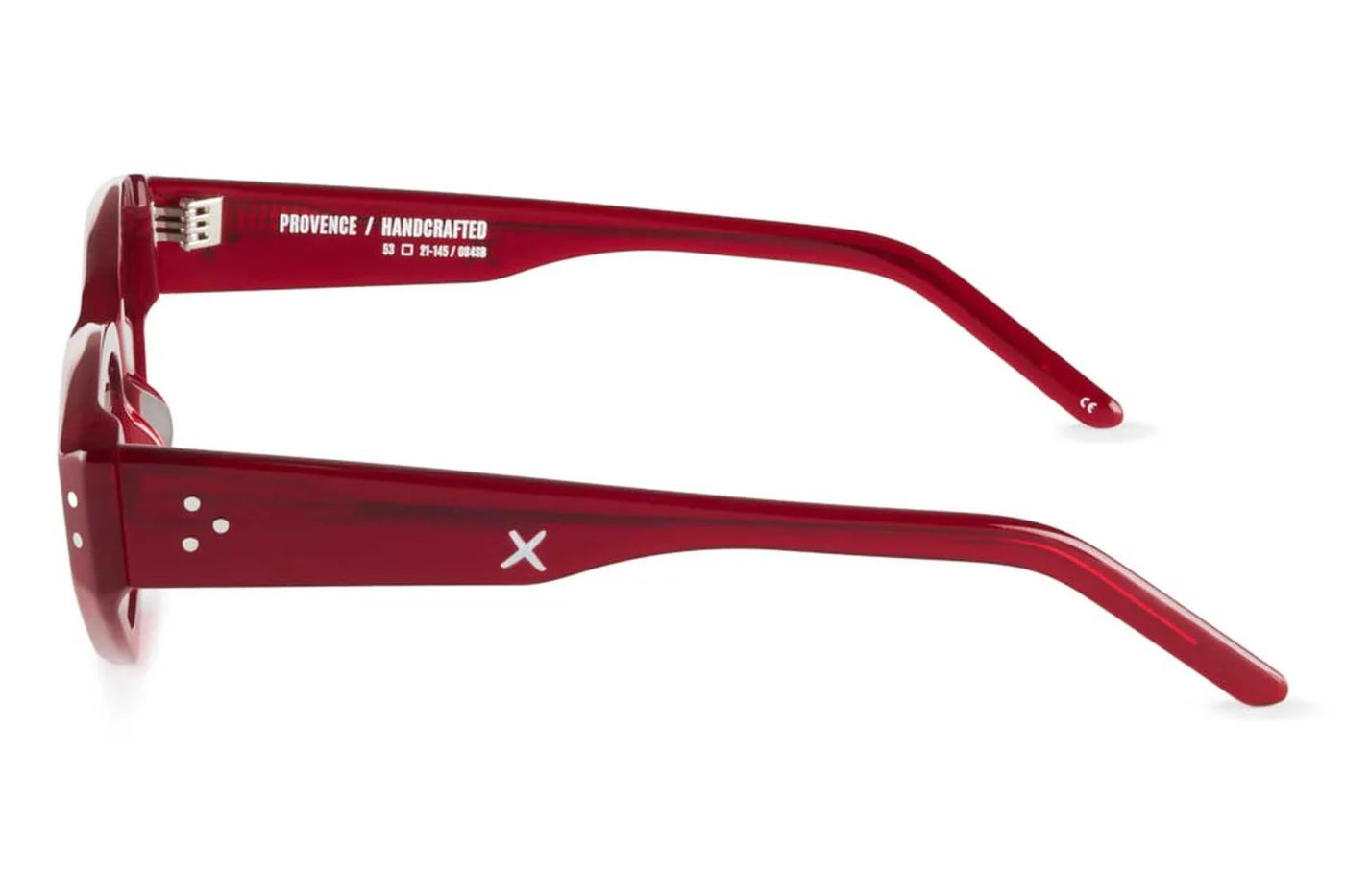 Oscar x Frank Provence Handcrafted sunglasses in translucent strawberry red with angular rectangular acetate frame and tinted lenses