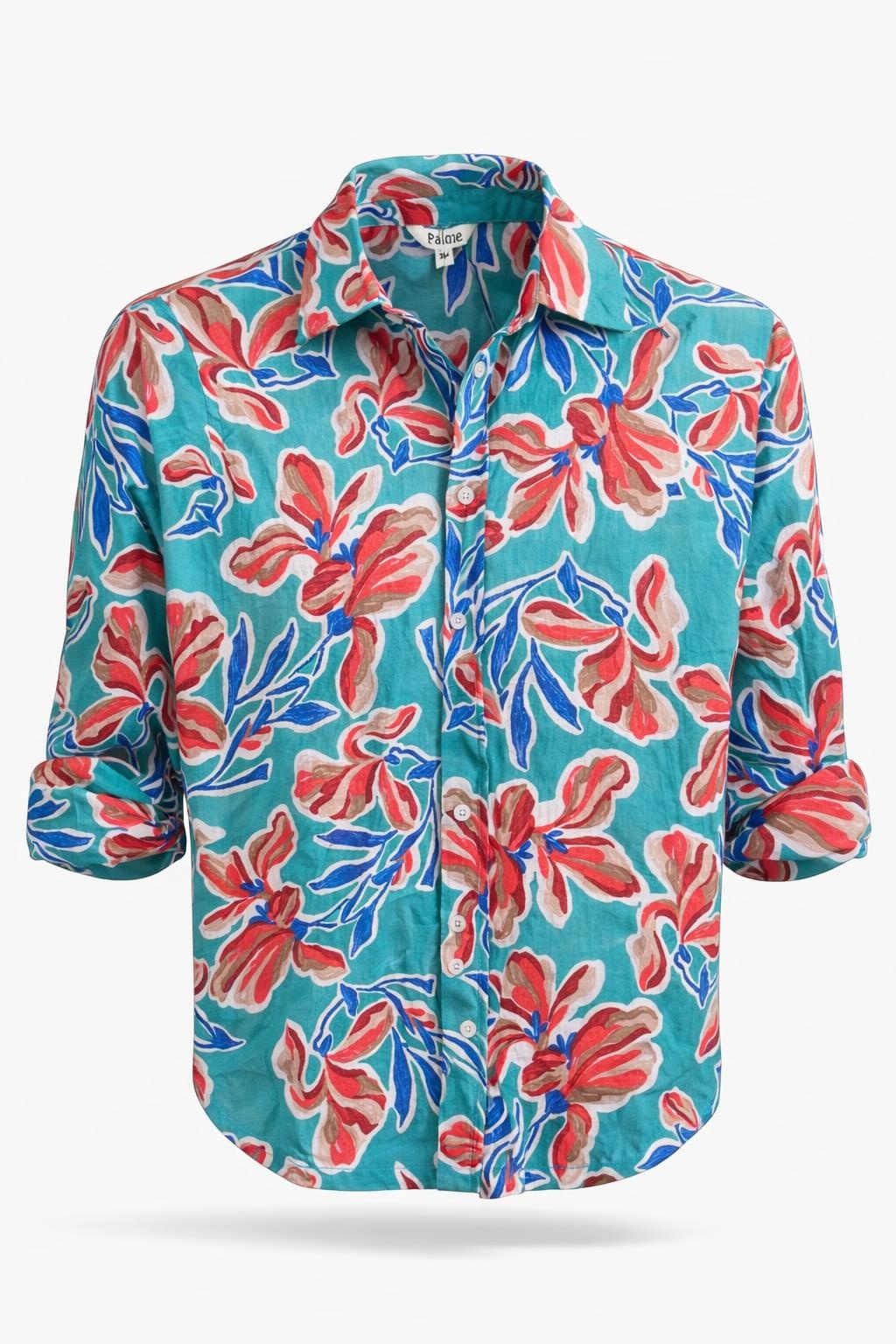 Palme Vert Clair shirt with red and blue floral print on turquoise base