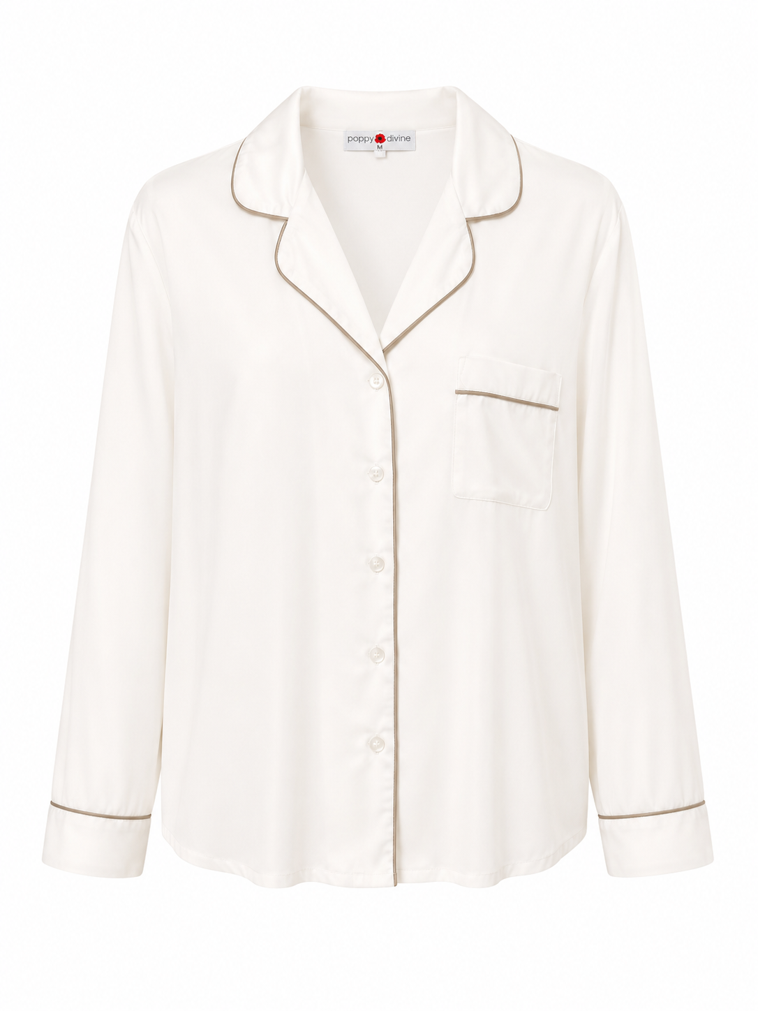 Poppy Divine classic long sleeve pyjama top in ivory and stone