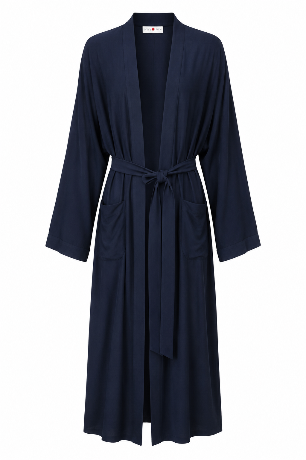 Poppy Divine long navy kimono lounge robe with self-tie waist