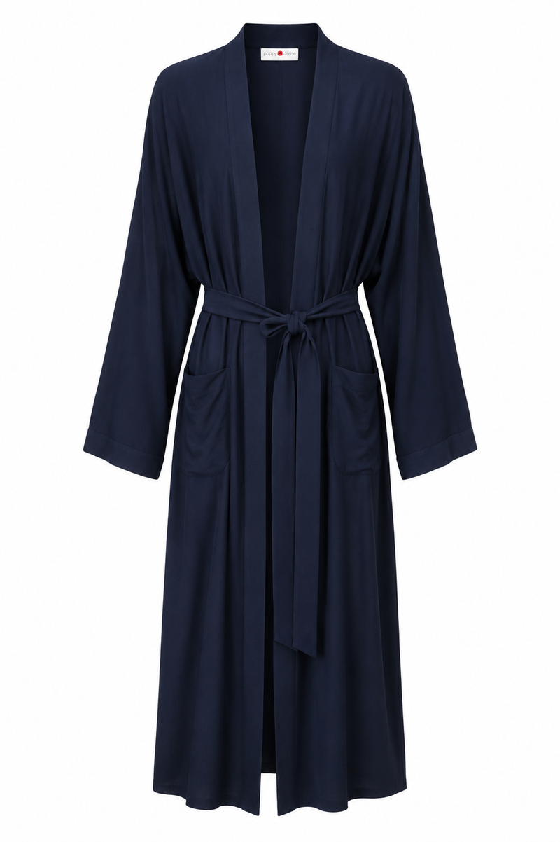 Poppy Divine long navy kimono lounge robe with self-tie waist