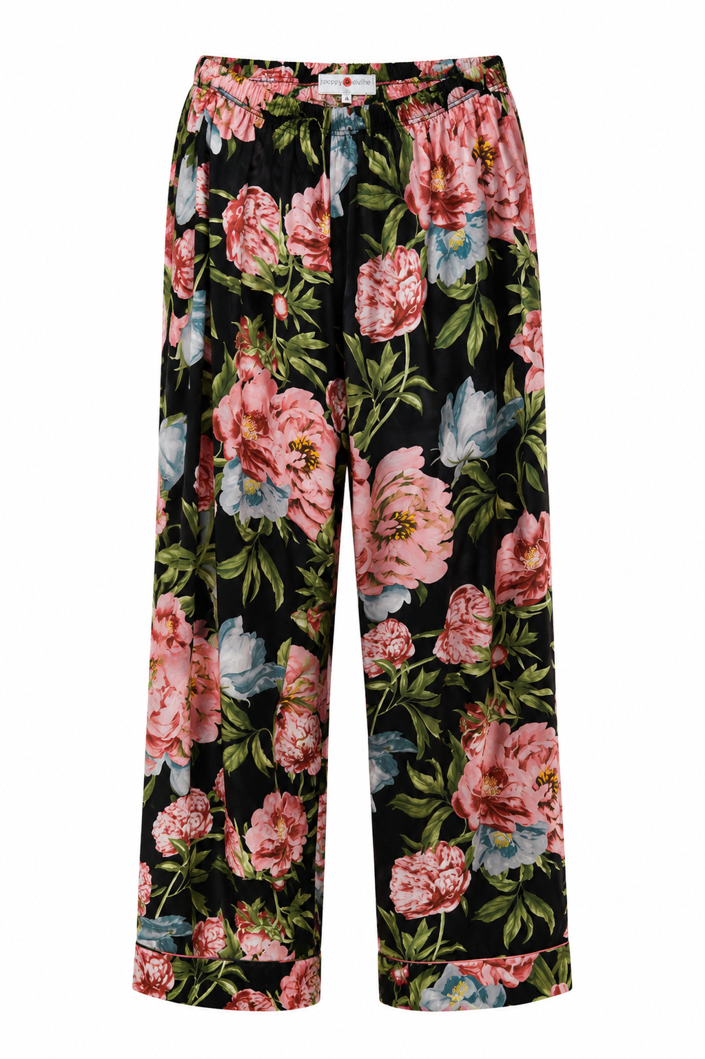Poppy Divine navy satin pyjama top with pink floral print
