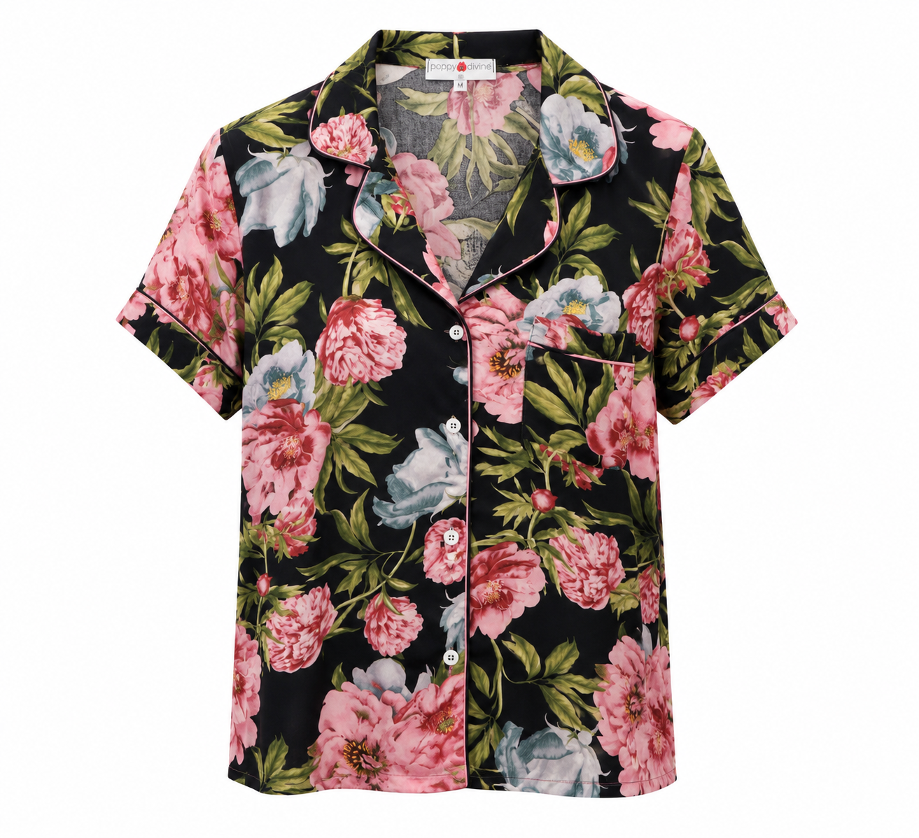 Poppy Divine navy satin pyjama top with pink floral print

