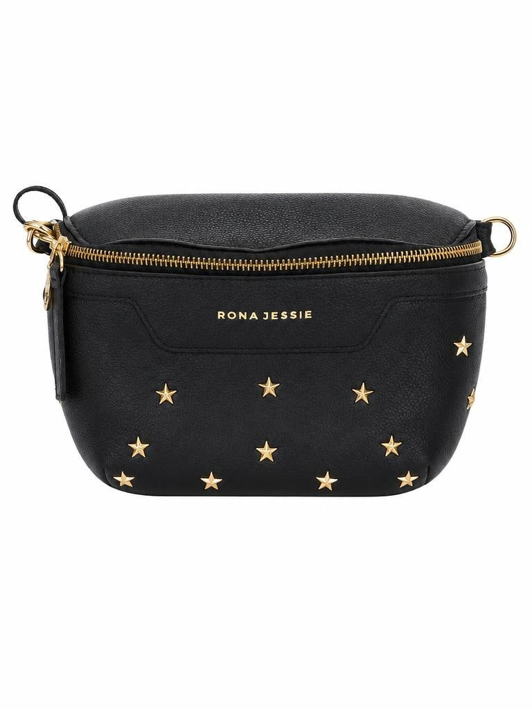 Rona Jessie black textured leather crossbody bag with gold star stud detailing and gold zip hardware