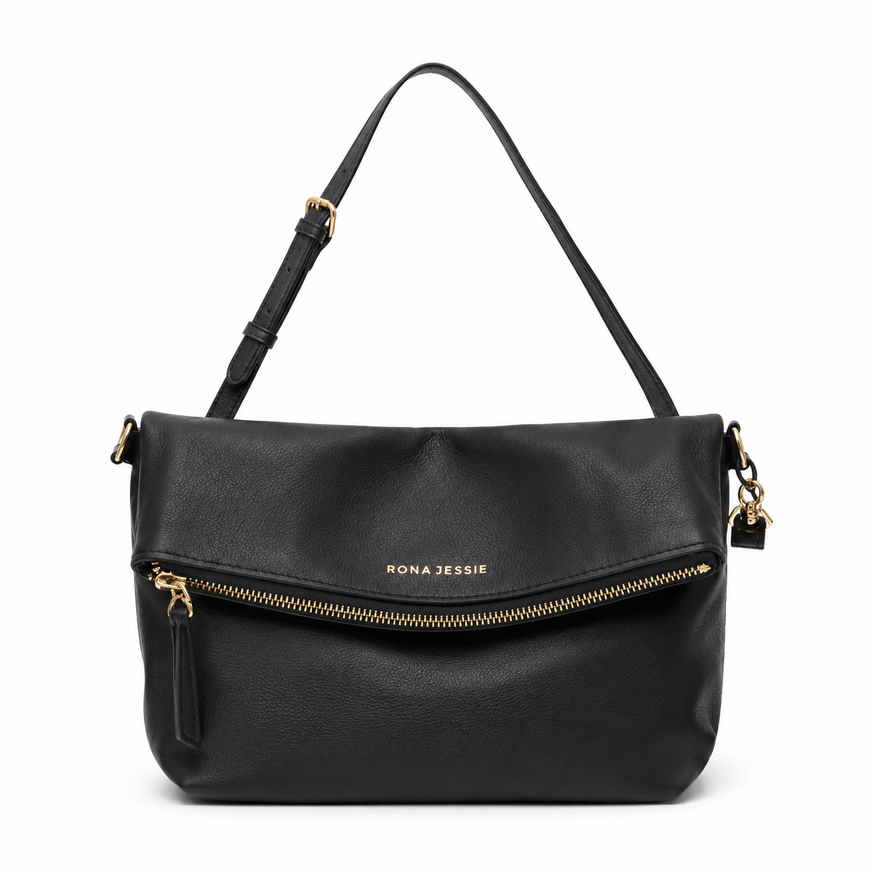 Rona Jessie black leather cross body bag with fold-over design, curved zip detail, adjustable strap and gold-tone hardware
