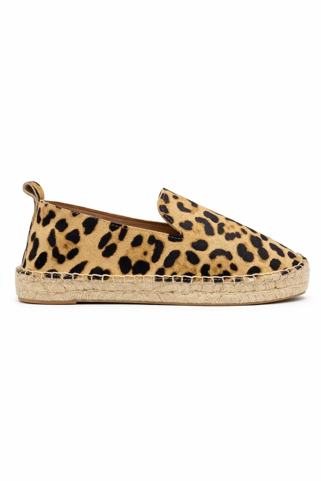 Saint & Summer Ariana Loafer in brown and black leopard print with a woven espadrille platform sole.