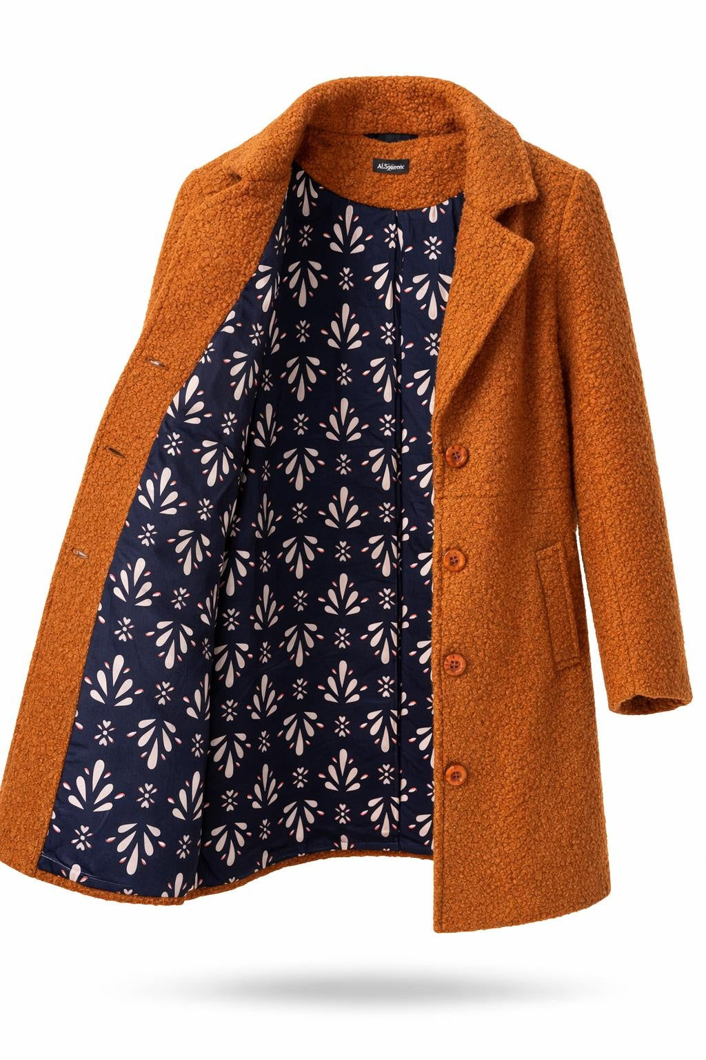 Smashed Lemon cognac coat with patterned lining open view