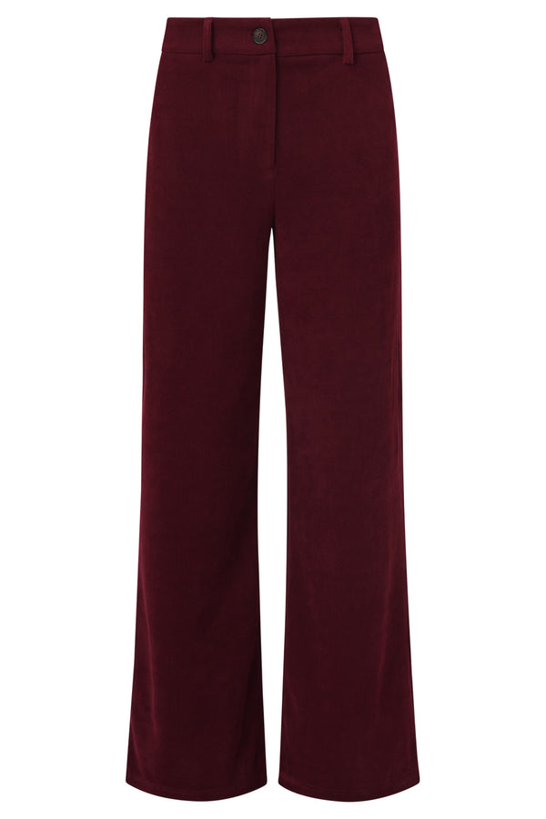 Smashed Lemon wide leg corduroy trousers in burgundy with a full-length silhouette.